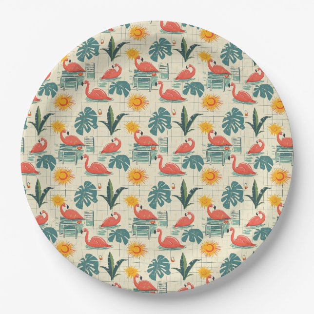 Retro Flamingo Poolside Summer Pattern (12) Paper Plate (Front)