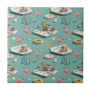 Retro Flamingo Poolside Summer Pattern (1) Tile