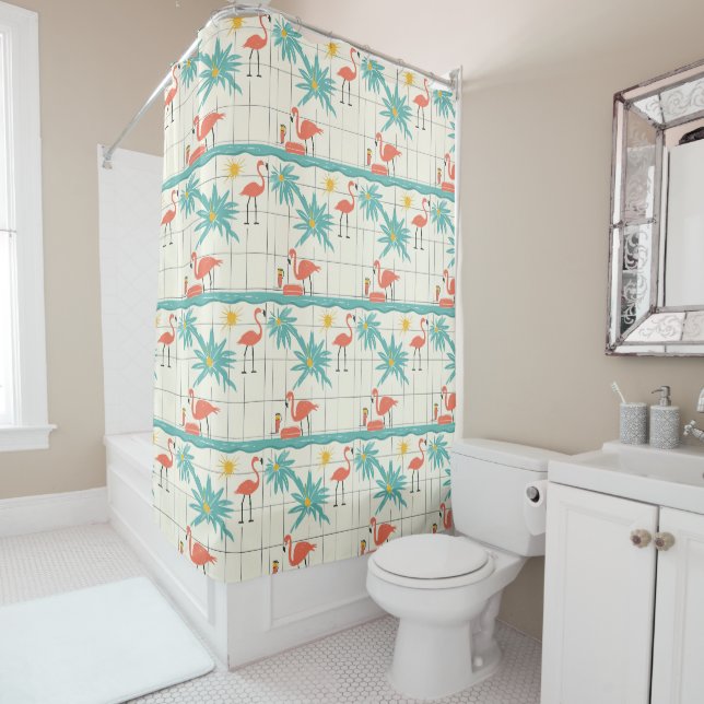 Retro Flamingo Poolside Summer Pattern (2) Shower Curtain (In Situ)