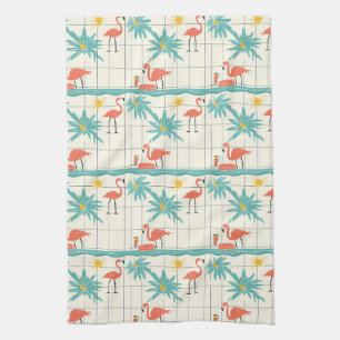 Retro Flamingo Poolside Summer Pattern (2) Tea Towel