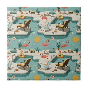 Retro Flamingo Poolside Summer Pattern (2) Tile
