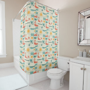 Retro Flamingo Poolside Summer Pattern (3) Shower Curtain