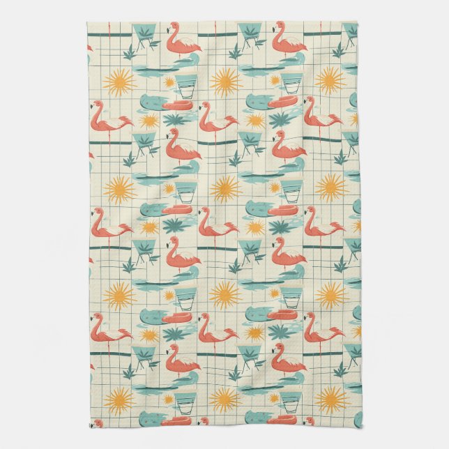 Retro Flamingo Poolside Summer Pattern (3) Tea Towel (Vertical)