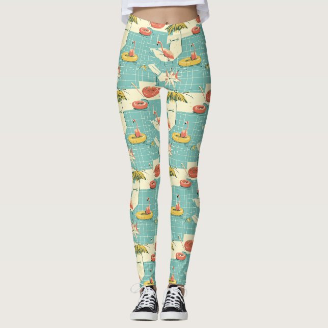 Retro Flamingo Poolside Summer Pattern (4) Leggings (Front)