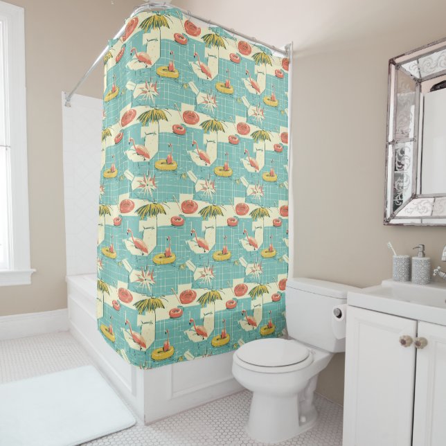Retro Flamingo Poolside Summer Pattern (4) Shower Curtain (In Situ)