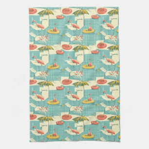 Retro Flamingo Poolside Summer Pattern (4) Tea Towel