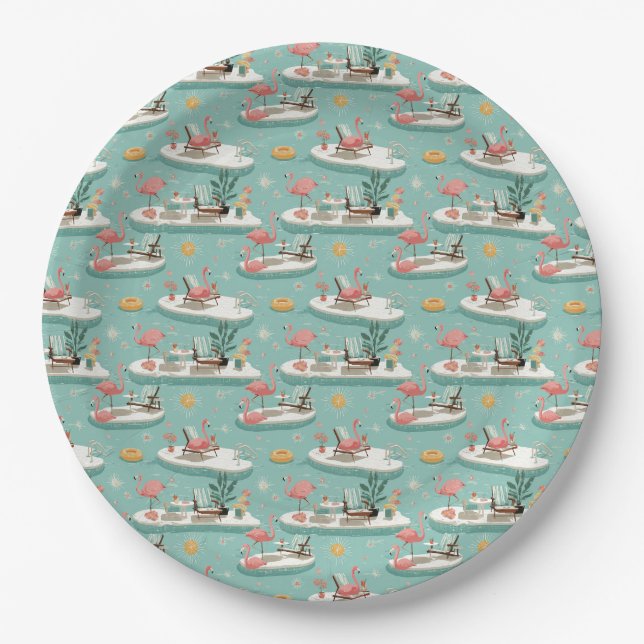 Retro Flamingo Poolside Summer Pattern (6) Paper Plate (Front)