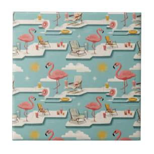 Retro Flamingo Poolside Summer Pattern (6) Tile