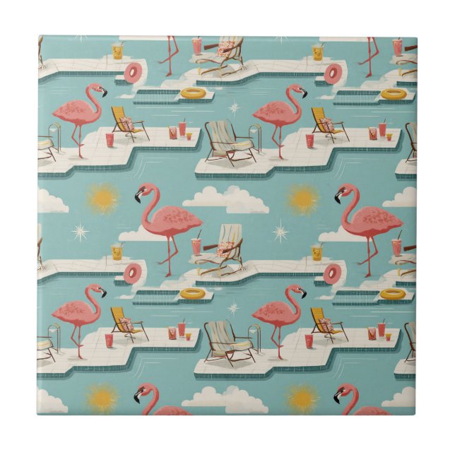 Retro Flamingo Poolside Summer Pattern (6) Tile (Front)
