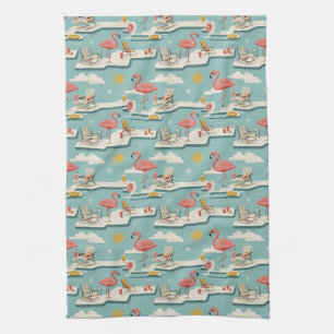 Retro Flamingo Poolside Summer Pattern (7) Tea Towel