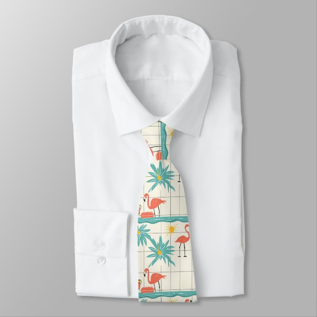 Retro Flamingo Poolside Summer Pattern (7) Tie (Tied)