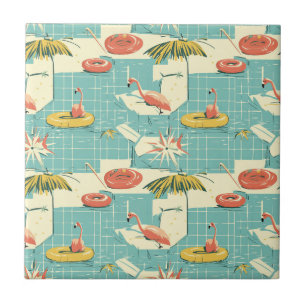 Retro Flamingo Poolside Summer Pattern (7) Tile