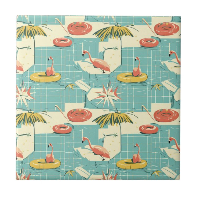 Retro Flamingo Poolside Summer Pattern (7) Tile (Front)