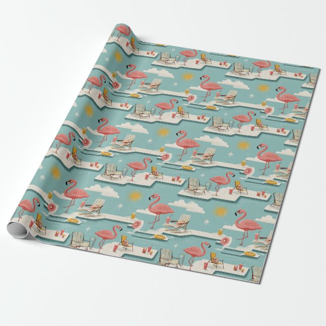 Retro Flamingo Poolside Summer Pattern (7) Wrapping Paper (Unrolled)