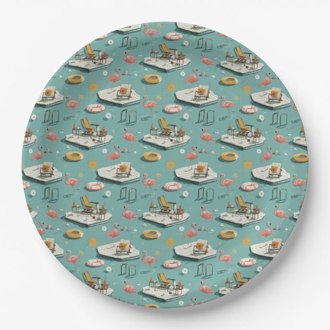 Retro Flamingo Poolside Summer Pattern (8) Paper Plate (Front)