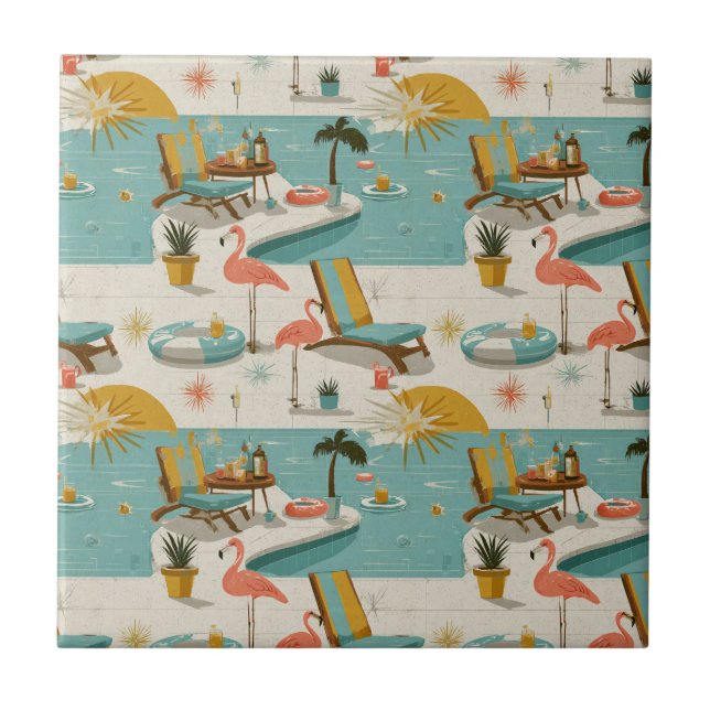 Retro Flamingo Poolside Summer Pattern (8) Tile (Front)