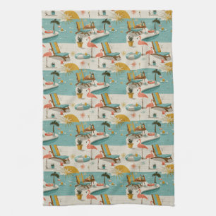 Retro Flamingo Poolside Summer Pattern (9) Tea Towel