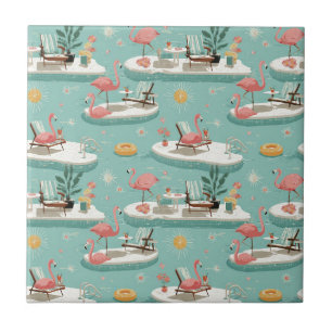 Retro Flamingo Poolside Summer Pattern (9) Tile
