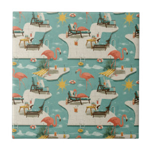 Retro Flamingo Poolside Summer Pattern (9) Tile