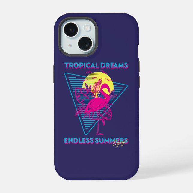 Retro Flamingo Sunset Synthwave Vibes iPhone 15 Case (Back)