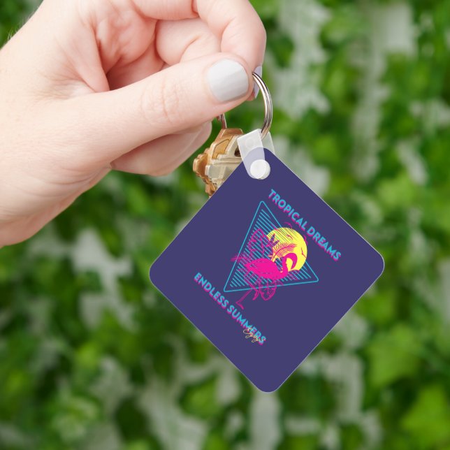 Retro Flamingo Sunset Synthwave Vibes Key Ring (Hand)