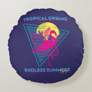 Retro Flamingo Sunset Synthwave Vibes Round Cushion