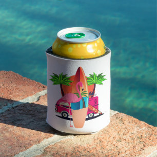 Retro Flamingo Surf Scene Beach Vibes Can Cooler