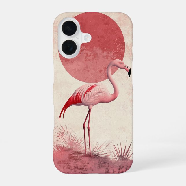 Retro Flamingo with Sunset Background iPhone 16 Case (Back)