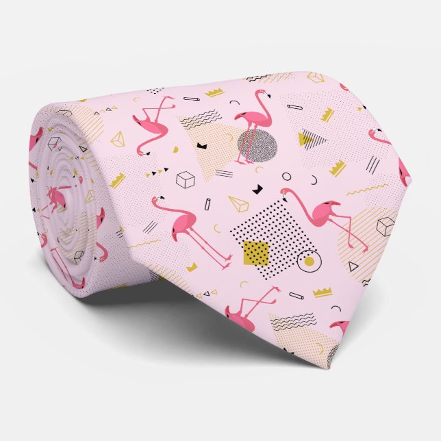 Retro Flamingos Dots and Diamonds on Pink Tie (Rolled)