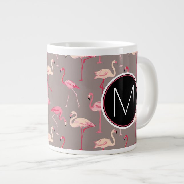 Retro Flamingos | Monogram Large Coffee Mug (Front Right)