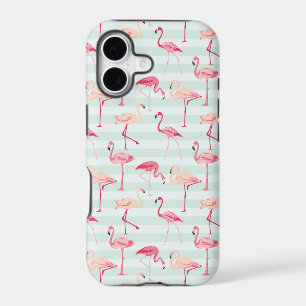 Retro Flamingos On Mint Stripes