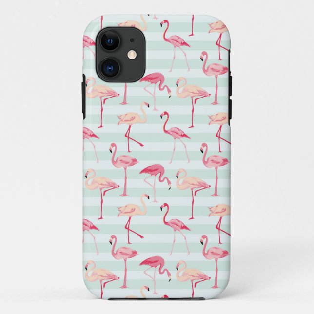 Retro Flamingos On Mint Stripes Case-Mate iPhone Case (Back)