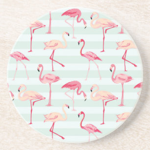 Retro Flamingos On Mint Stripes Coaster