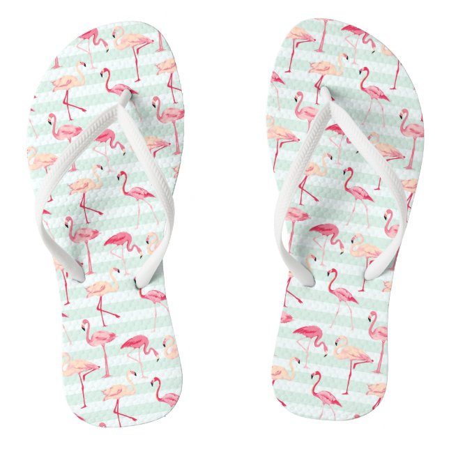 Retro Flamingos On Mint Stripes Flip Flops (Footbed)