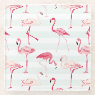 Retro Flamingos On Mint Stripes Glass Coaster