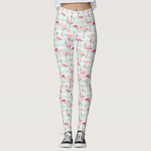 Retro Flamingos On Mint Stripes Leggings
