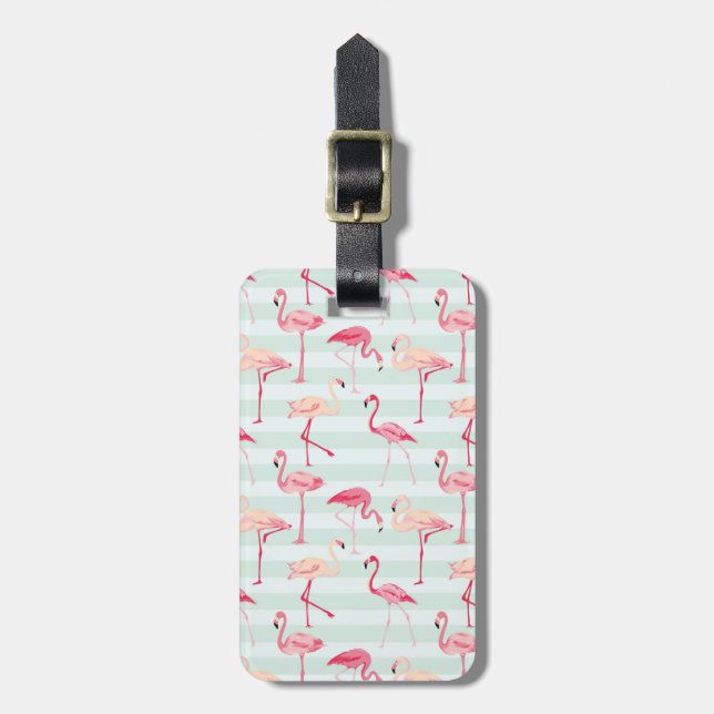 Retro Flamingos On Mint Stripes Luggage Tag (Front Vertical)