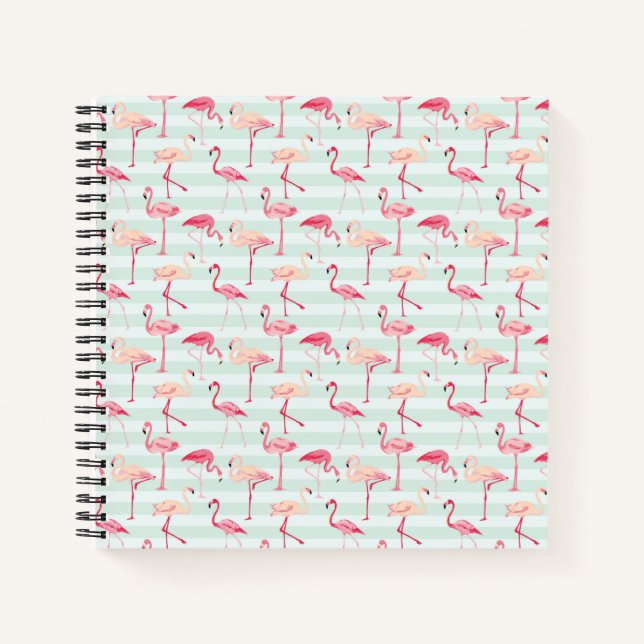 Retro Flamingos On Mint Stripes Notebook (Front)