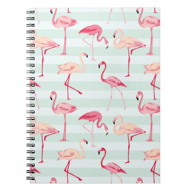 Retro Flamingos On Mint Stripes Notebook (Front)