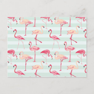 Retro Flamingos On Mint Stripes Postcard