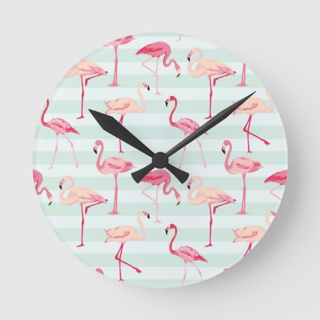 Retro Flamingos On Mint Stripes Round Clock (Front)