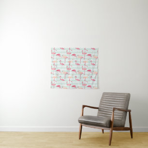 Retro Flamingos On Mint Stripes Tapestry