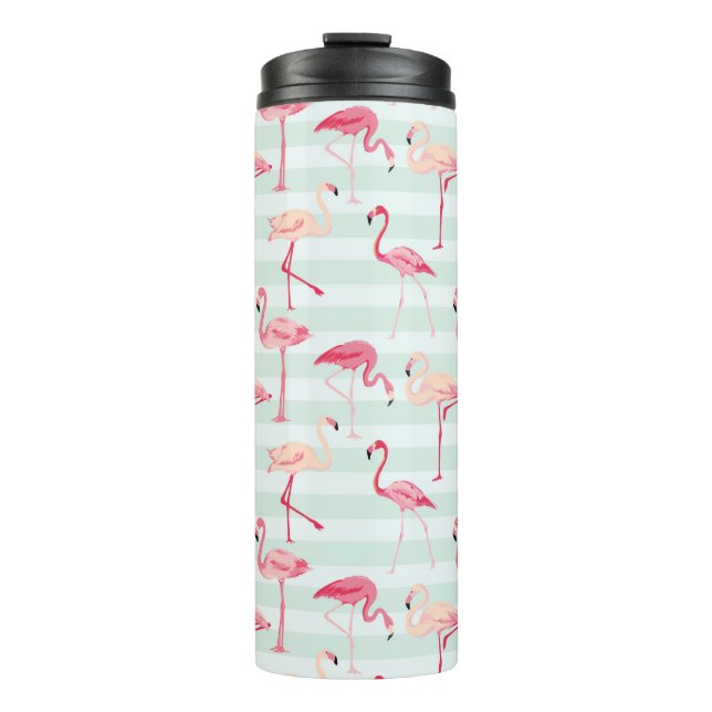 Retro Flamingos On Mint Stripes Thermal Tumbler (Front)