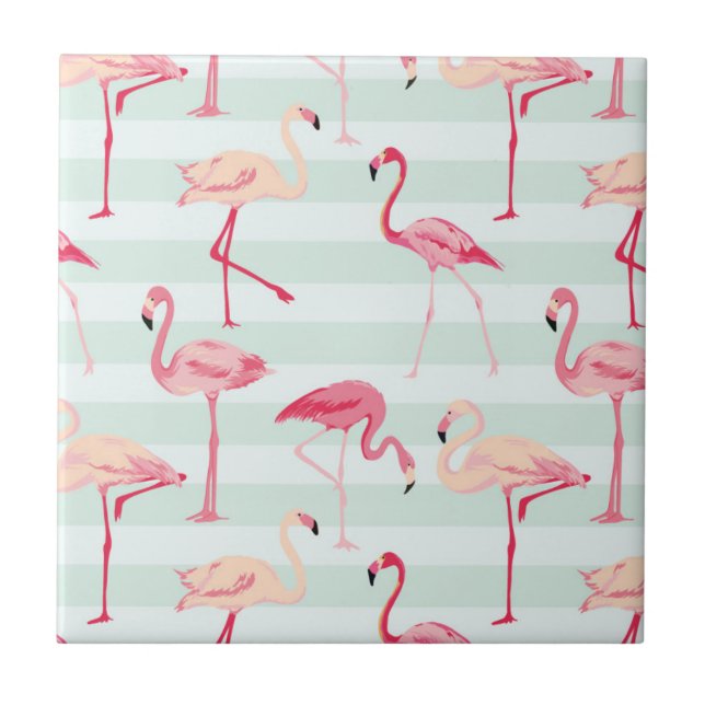 Retro Flamingos On Mint Stripes Tile (Front)