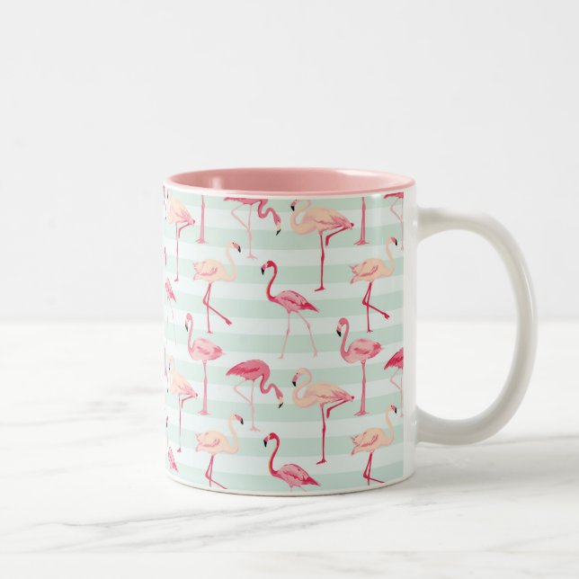 Retro Flamingos On Mint Stripes Two-Tone Coffee Mug (Right)