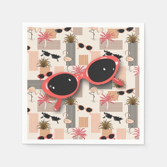 Retro Flamingos Palms and Red Sunglasses Napkin (Front)