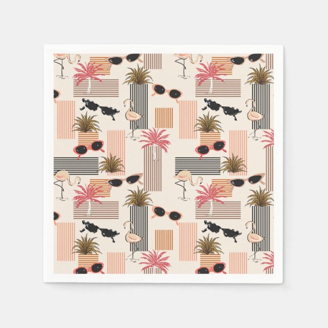 Retro Flamingos Palms and Sunglasses Summer Party Napkin (Front)