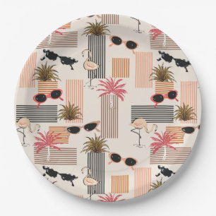 Retro Flamingos Palms and Sunglasses Summer Party Paper Plate