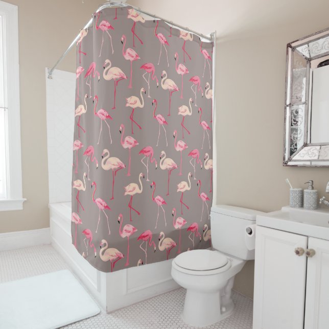 Retro Flamingos Shower Curtain (In Situ)