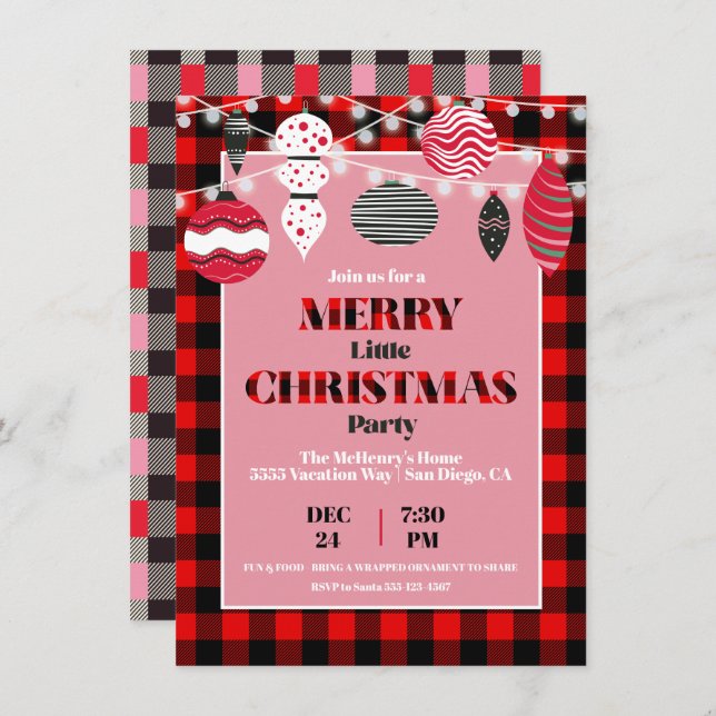 Retro Flannel Christmas Party Ornament Invitation (Front/Back)